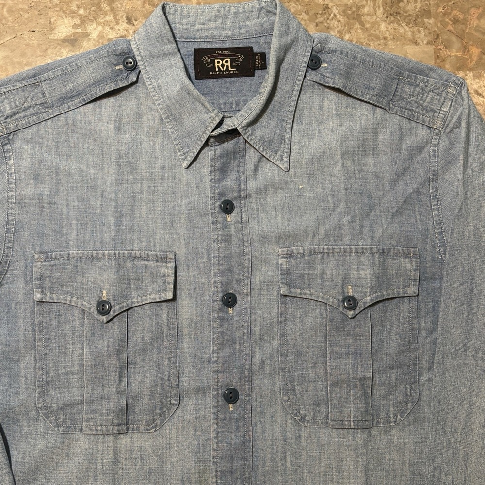 RRL Double RL Shirt Mens Large Blue Chambray Officer Stencil Epaulettes